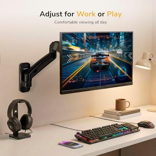 Mount-It! Monitor Wall Mount Arm, Full-Motion Gas Spring, Fits 13–32″ Screens up to 14.3 lbs, VESA 75x75 & 100x100, Tilt Swivel Rotate, Single-Stud Wall Mounted Computer Monitor Arm, RV Compatible