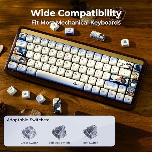 OHY XVX MOA Profile Japanese Fuji Mountain Theme Keycaps Set, 132 - Key Blue & Creamy White Custom Keycaps for US Layout Mechanical Keyboards -Blue and White