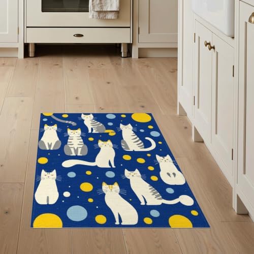 3'x5' Blue Yellow Cat Symphony with Golden Washable Throw Rug