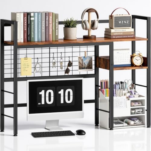 Desk Shelf, 38.6" Desk Hutch with Pegboard Hooks Set, Rustic Brown