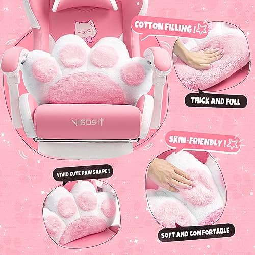 Vigosit Cat Ears Gaming Chair - Pink PU Leather Ergonomic Reclining Office Chair with Footrest, 310lb Capacity, 6-Position Recline, 360° Swivel