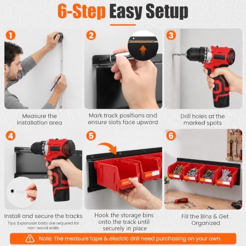 16pc Wall-Mounted Storage Organizer Set with Metal Rails Red
