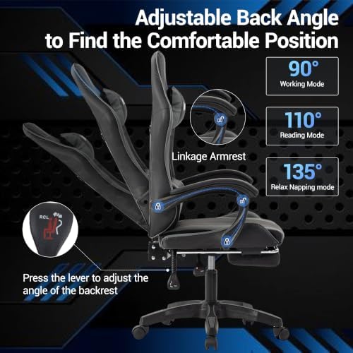 Ergonomic Gaming Chair with Footrest, Grey Black Video Game Chair w/Adjustable Headrest & Lumbar Support for Adults Kids, 360° Swivel for Home Office Bedroom Gaming Room, Grey&Black