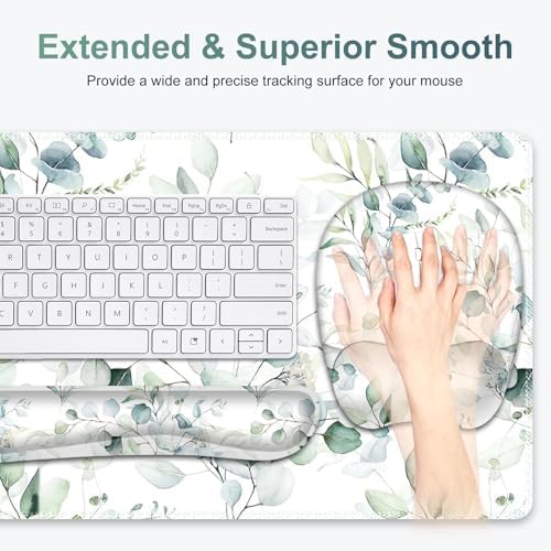 Large Mouse Pad with Wrist Support 4in1 Set, XXL Big Game Mousepad +Keyboard Wrist Rest+Mouse Wrist Rest+Coaster with Ergonomic Design Gaming Mat for Home Office Computer I Eucalyptus Branches