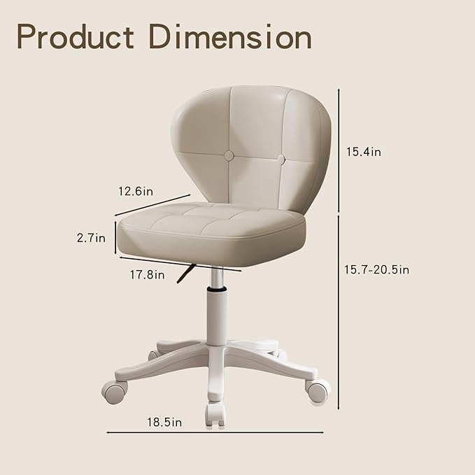 Vanity Chair with Back – Small Armless Office Chair with Wheels, Lumbar Support, PU Leather, Adjustable Height, 360° Swivel for Home, Bedroom, Office (White Set of 1)