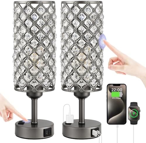 Hong-in Gray Crystal Lamp Touch Control Set of 2, Crystal Table Lamps with USB C+A Ports & AC Outlet, 3-Way Dimmable Nightstand Touch Lamp, Modern Bedside Table Lamp for Bedroom(Bulbs Included)