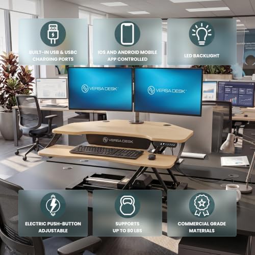 VERSADESK PowerPro Elite Smart Corner Standing Desk Converter, Electric Adjustable Desk Riser w/ Keyboard Tray, USB C Ports & App Control, Dual Monitor Stand for Home Office & Gaming, (Maple, 36")