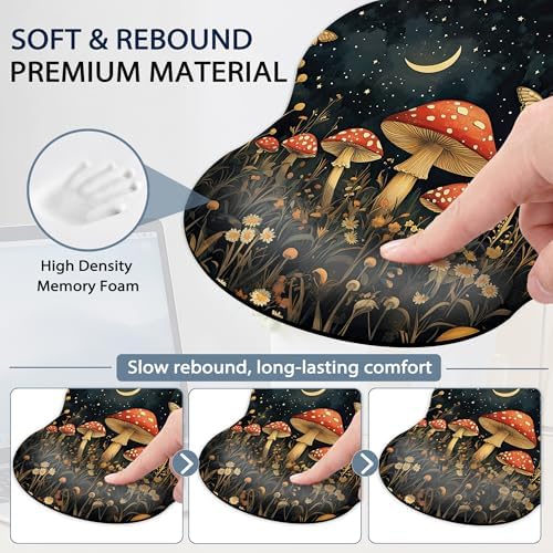 Mushroom Ergonomic Memory Foam Wrist Rest Set for Keyboard and Mouse,Flower Butterfly Moon Supportive Mouse Pad with Non Slip Base for Office Work and Gaming