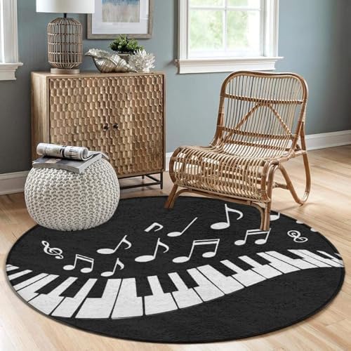Machine Washable Modern Round Area Rug, Room Sofa Yoga Soft Round Carpet, Home Decor Non Slip Kitchen Office Circle Rug Piano Keys with Musical Notes Black and White