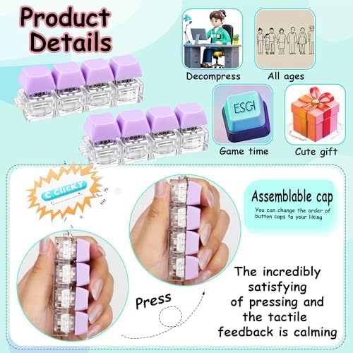 2 Pcs Keyboard Fidget Toy, Keyboard Fidget Keychain 4-in-1 Keyboard Decompression Button Finger Clicker Toys, Button Stress Relief Fidget Gifts for Adult to Relief Stress (Purple)