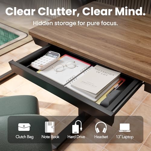 HUANUO Electric Standing Desk with Drawers, 35 X 20 Inch Electric Adjustable Height Desk, Quick Install One-Piece Tabletop with USB Charging Ports, Sit to Stand Up Desk for Home Office, Black Walnut