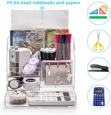 Cididu Acrylic Desk Organizer with 7 Compartments, Clear Desktop Storage with 2 Drawers for Office Supplies, Pen Holder, Stationery Caddy, Makeup Brushes, Transparent Organizer for Home School