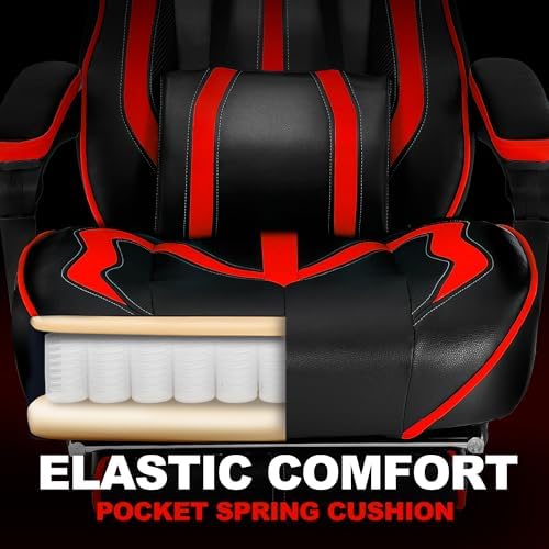 Vonesse Gaming Chair for Adults, Reclining Gaming Chairs with Footrest and Massage, Computer Gaming Chair for Heavy People,Ergonomic Gamer Chair Big and Tall (Red/Black)
