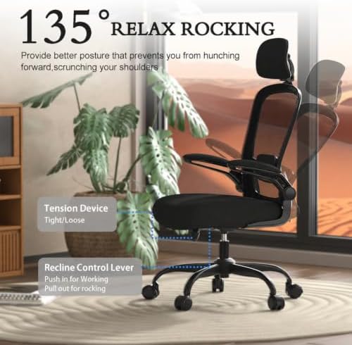 Mimoglad Office Chair, High Back Ergonomic Desk Chair with Adjustable Lumbar Support and Headrest, with flip-up Armrests for Guitar Playing, 5 Years Warranty (Modern, Black(Black Frame))