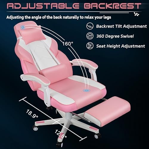 Gaming Chair for Adults, Video Game Chair with Footrest, Big and Tall Gaming Chair Heavy Duty Computer Chair with Massage Lumbar, Ergonomic Adjustable Height and 360° Swivel Seat, PU Leather, Pink