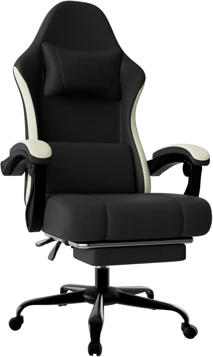 Gaming Chair, High Back Fabric Computer Chair with Pocketed Spring Cushion and Footrest, Height Adjustable Game Chair with Headrest and Lumbar Support (Beige & Black)