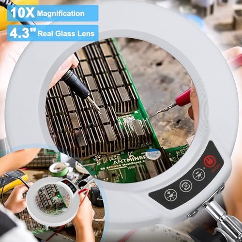 10X Magnifying Glass with Light and Clamp, Real Glass Stand Lighted Magnifier, 5 Color Modes Stepless Dimmable LED Desk Lamp Hands Free for Crafts Hobby Reading Painting Sewing Close Work White