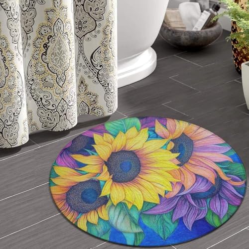 Room Sofa Yoga Soft Round Carpet, Home Decor Non Slip Kitchen Office Circle Rug, Machine Washable Modern Round Area Rug Colorful Sunflower, 36inch