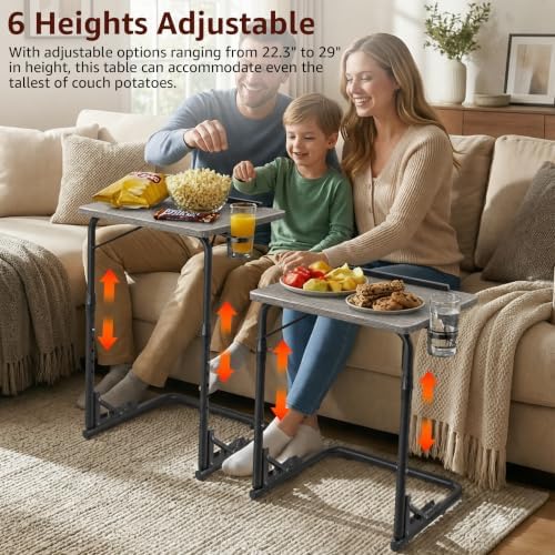 NUTIKAS Folding TV Tray Table - Adjustable Height Sofa Grey Wood Side Table, Wooden Portable Trays for Eating On Couch, Laptop Stand with Cup Holder, C Shaped Foldable Desk