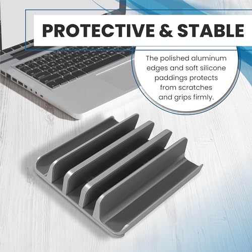 Multiple Laptop Holder Vertical – Adjustable Laptop Vertical Stand Holds 5 Devices, Fits All MacBooks Laptops Tablets and Mobiles (up to 17.3”). Closed Upright Vertical Laptop Stand for Desk