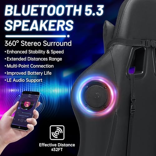 HOFFREE LED Gaming Chair with Speakers RGB Lights Computer Chairs-Grey