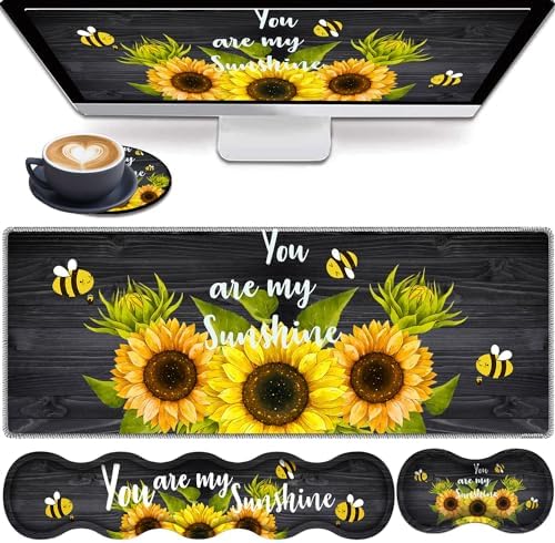 4 in 1 Mouse Pad Combo, Large Gaming Mouse Pad + Keyboard Wrist Support + Mouse Wrist Rest + Coaster, Table Pad with Stitched Edge Ergonomic Wrist Pad Set, Sunflower, You are My Sunshine
