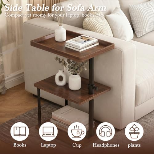 Faesun C Table End Table Adjustable Height, 360°Swivel TV Tray Table for Small Spaces, Small Nightstand for Living Room, Bedroom, Walunt