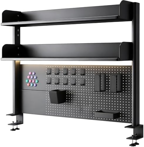 Clamp On Desk Pegboard Shelf - Metal Desktop Organizer Hutch with 2 Shelves