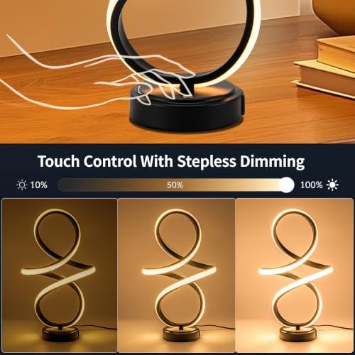 Modern Small Table Lamp with LED Spiral Design, 12W Black Nightstand Lamp