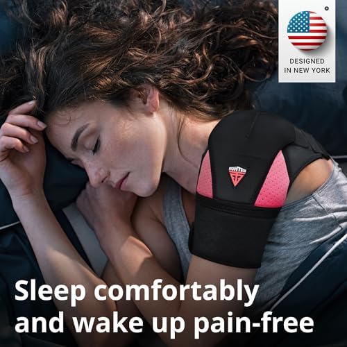 Shoulder Brace - Support & Injury Prevention Brace- Joint Pain Releaser- Shoulder Compression Wrap Strap - Adjustable Injury Accessories for Shoulders - Premium Quality Strap by FIGHTECH (Pink, S-M)