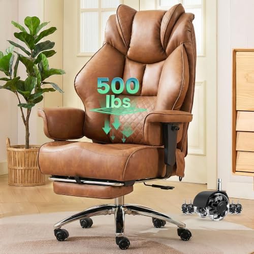 CIOMAN 500lbs Big and Tall Office Chair Adjustable Lumbar Support, Extra Wide Seat Ergonomic Gaming Chair with Footrest, Heavy Duty High Back Executive Leather Computer Desk Chair, Brown
