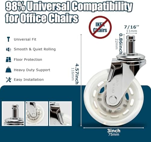 Office Chair Wheels 3 Inch, Set of 5, 880LBS Heavy Duty Casters, White