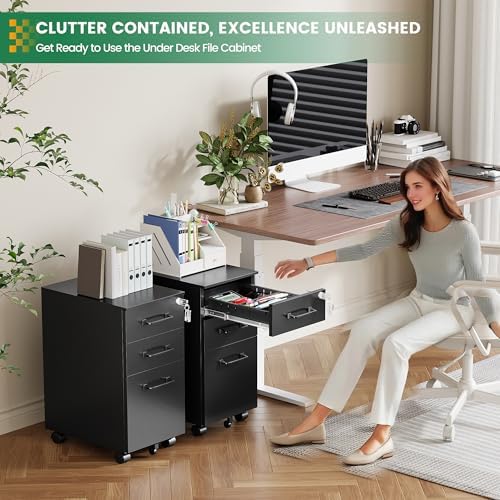 3 Drawer Slim File Cabinet, Mobile Filing Cabinet with Lock,Black Rolling Narrow File Cabinets with Casters, Under Desk Office Cabinets for Home Office,Fit A4/Letter/Legal(Unassembled)
