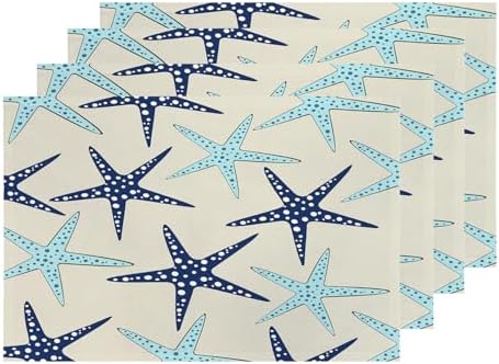 Shrahala Dark Blue Nautical Starfish Placemats, Khaki Coastal Nautical Table Mat Linen Burlap Washable Double-Deck Heat Insulation for Dining Table Kitchen Table Set of 4 (12 x 18 inch)