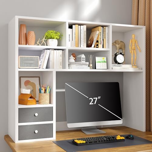 REIBII Desktop Bookshelf, 8 Shelves Desk Hutch for Dorm Room, White