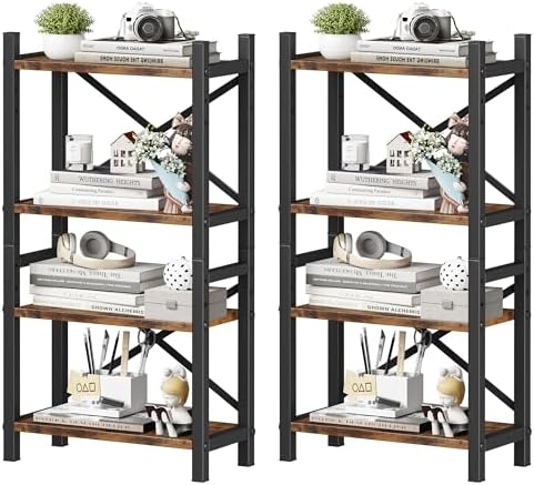2-Pack Desktop Bookshelf, 4-Tier Stackable Narrow Bookcase, Adjustable Industrial Desk Organizer & Hutch - Rustic Brown Wood Desktop Book Organizer for Living Room, Bedroom & Home Office