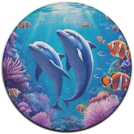Room Sofa Yoga Soft Round Carpet, Home Decor Non Slip Kitchen Office Circle Rug, Machine Washable Modern Round Area Rug Sea Underwater Beautiful Sea World Dolphins, 36inch