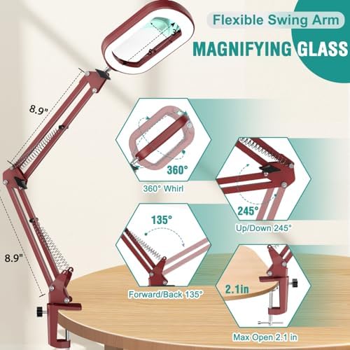 IVMAIE 12X Rectangle Magnifying Glass with Light, 5 Color Modes Stepless Dimmable Magnifier with Stand, LED Lighted Clamp Desk Lamp with Swing Arm, Hands Free for Reading Painting Close Work - Red