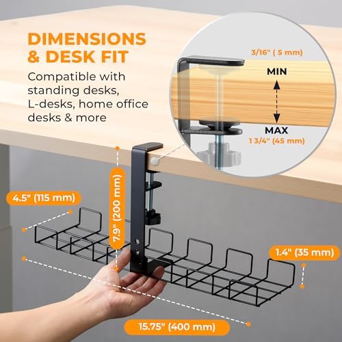 JANEX Under Desk Cable Management Tray Kit, No Drill Clamp-On Cable Organizer for Desk, Wire Cord Management Tray with Cable Sleeve, Cable Clips, Ties & Velcro Strips, Black