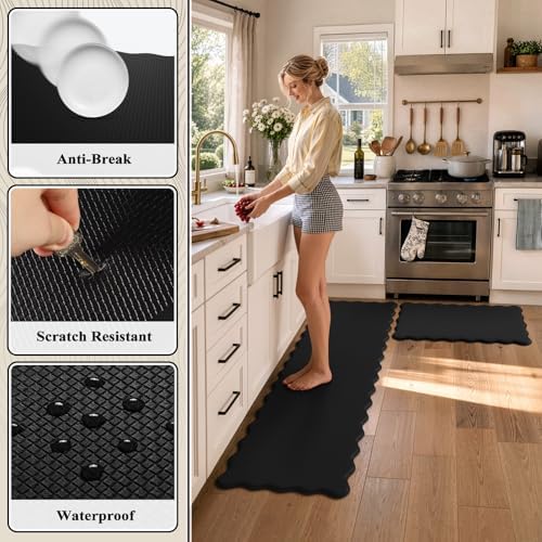 KIMODE Scalloped Kitchen Mats for Floor Cushioned Anti Fatigue,Black Carpet