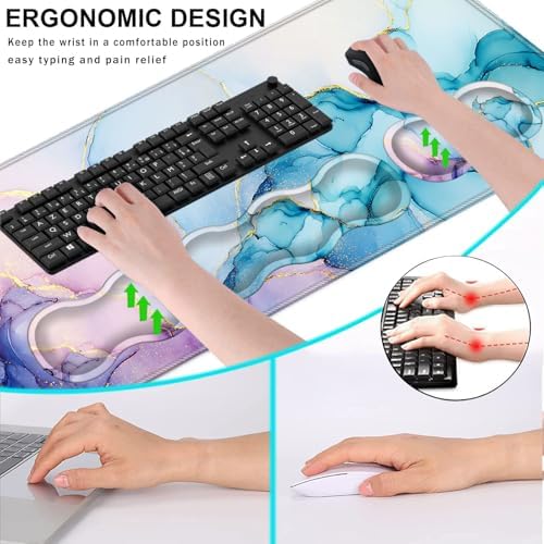 Keyboard Wrist Rest and Mouse Pad with Wrist Support Set Ergonomic Coaster,Memory Foam,Easy Typing Pain Relief,Large XL Desk Mat 31.5"x 11.8",Cyan Blue Marble