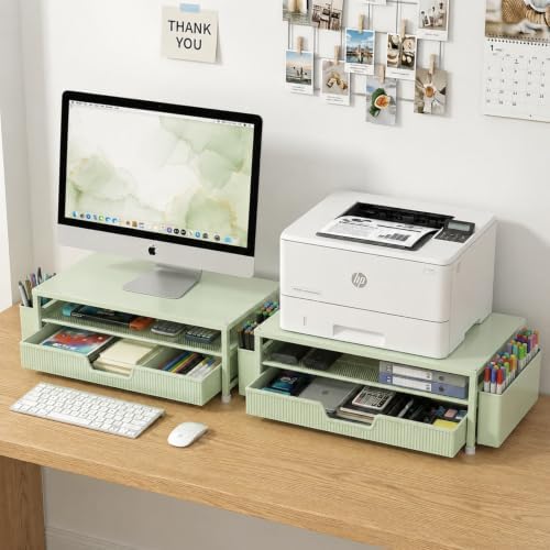 ECOLOVI Desk Organizer and Accessories, 2-Tier Computer Monitor Stand Rise with Storage Drawer & 2 Pen Holders, Laptop & Printer Stand for Desktop, Workspace Organizers for Office Supplies (Sage Green)
