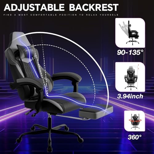 Gaming Chair with Footrest, High Back Gaming Chairs PVC Leather Ergonomic Gamer Chair with Adjustable Headrest Lumbar Support Racing Style Video Gaming Chair for Office/Home (BlackGrey)