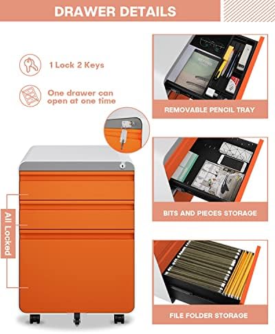 Dripex 3 Drawer Metal Rolling File Cabinet Under Desk Filing Cabinet Orange