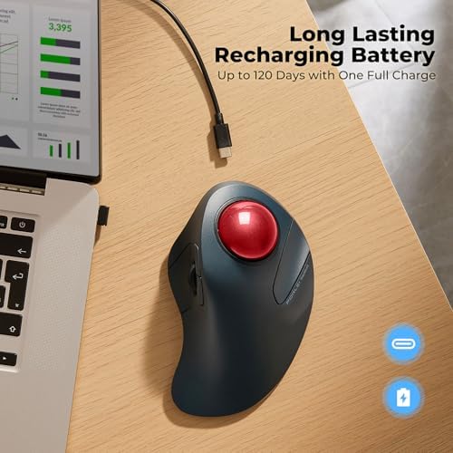 Wireless Ergonomic Trackball Mouse, Large Hands, 44mm Index Finger Control