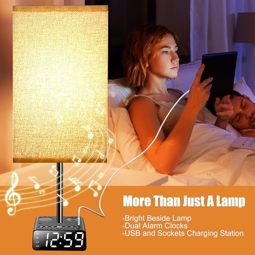 Touch Control Nightstand Light,Bedside Lamp with Alarm Clock&Charging Station - 2 Alarm Clock+ 2AC + 1USB-A + 1USB-C,Lamps with USB Ports and Outlets,3-Level Dimmable Touch Lamp
