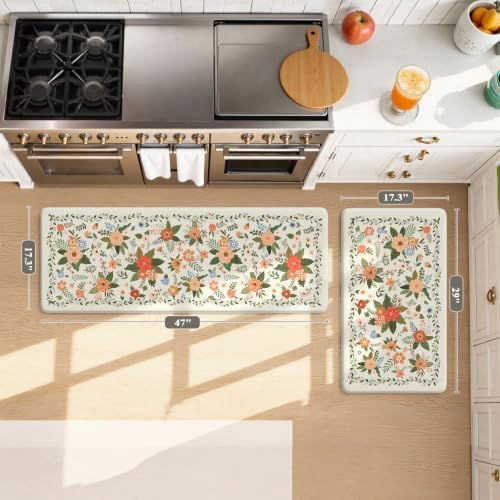 KIMODE Kitchen Mats for Floor Anti Fatigue, White Floral Rugs for Decor