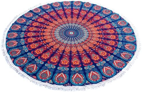 Round Beach Tapestry Turquoise Mandala Throw/Boho Hippie Beach Blanket Roundie/Indian Cotton Bohemian Large Round Table Cloth-Home Decor/Yoga Mat Meditation Picnic Rug (70", Orange And Blue)