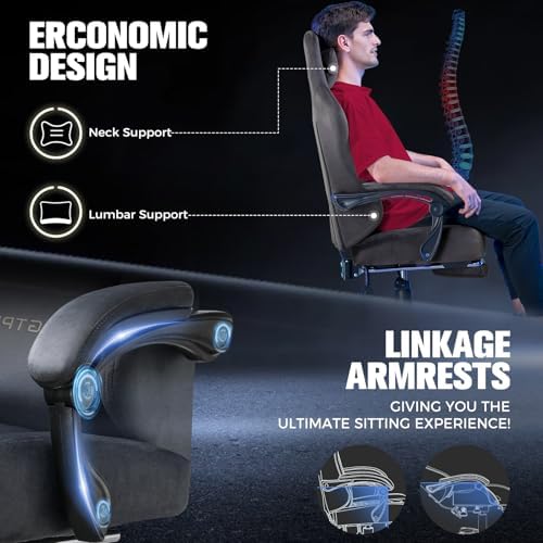 GTPLAYER Big and Tall Gaming Chair 400lbs Heavy Duty Office Chair with Foot Rest, High Back Pocket Spring Ergonomic Computer Chair for Adults,Wide Comfy Seated Cushion with Linkage Armrests,Light Grey