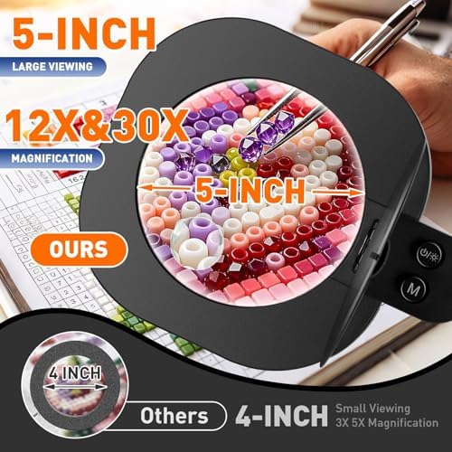 HITTI 30X 15X Long Magnifying Glass with Light and Clamp, 5-Inch Large Real Glass, 5 Color Modes, Stepless Dimmable, Hands Free LED Lighted Magnifier Stand for Workbench, Craft, Jewelry Making